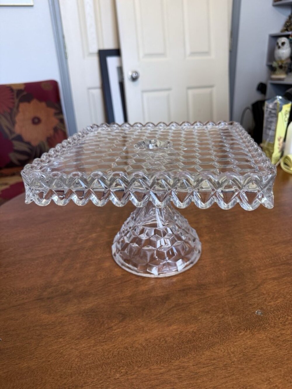 Vintage Fostoria American Square Cake Stand Pedestal Plate Rum Well Clear 10"